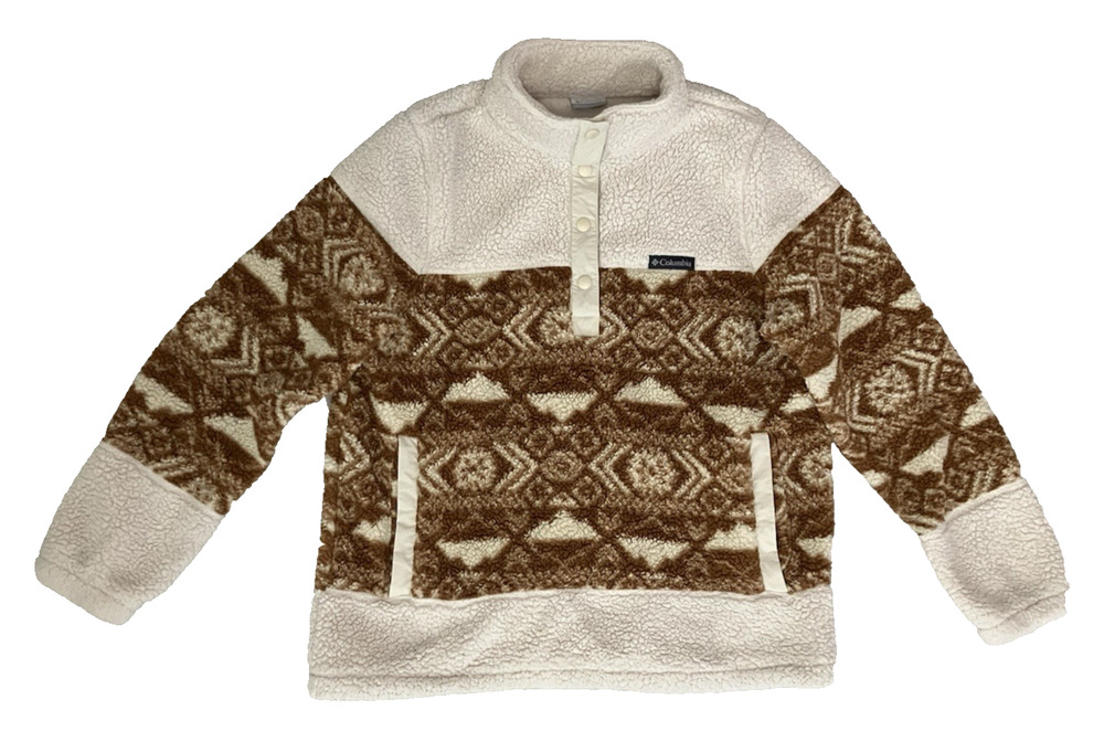 Columbia Women's Sherpa Aztec Tribal Fleece Pullover Brown Snap Jacket Large